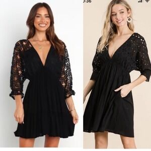 Petal + Pup Lace puff sleeves Deep V-Neck Party Cocktail‎ mini Dress Black US 4